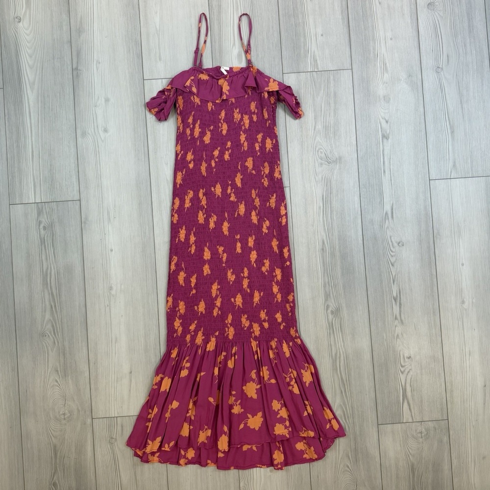By Anthropologie XS Off-The-Shoulder Smocked Midi Dress Pink Orange Floral - Picture 2 of 13